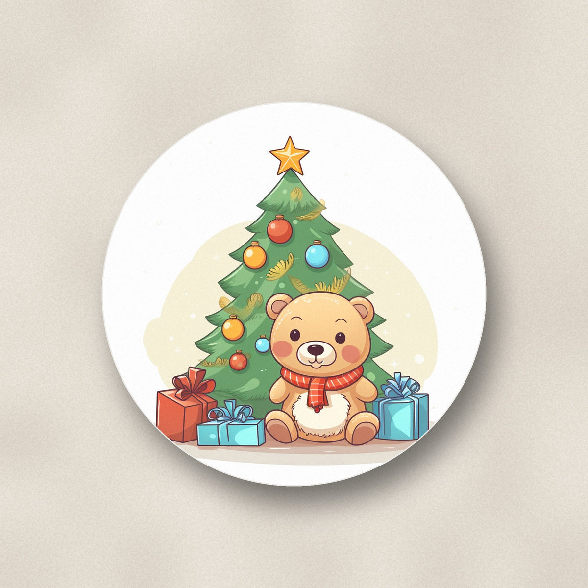 Close-up of one teddy under the tree ceramic coaster, matte finish, flat UV print