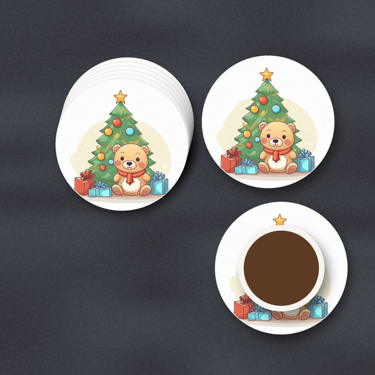 Teddy Under the Tree ceramic coasters, matte finish, stacked on a slate kitchen worktop