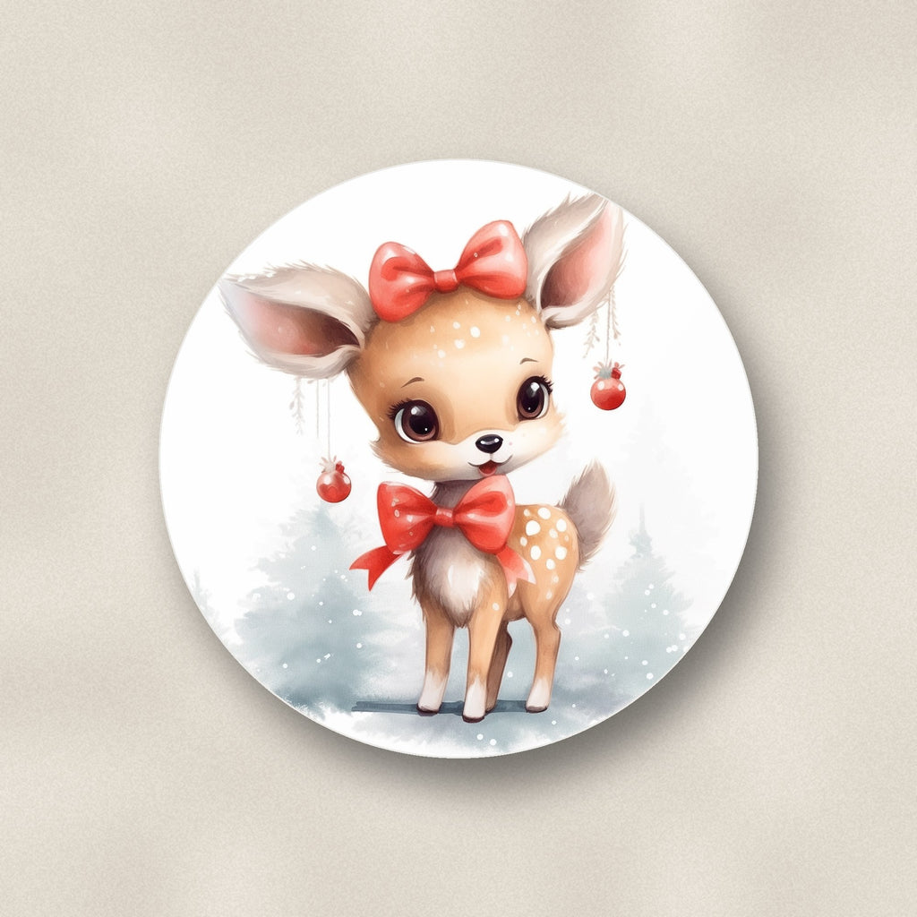 Close-up of one christmas fawn ceramic coaster, glossy finish, flat UV print