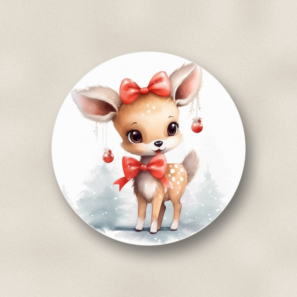 Close-up of one christmas fawn ceramic coaster, matte finish, flat UV print