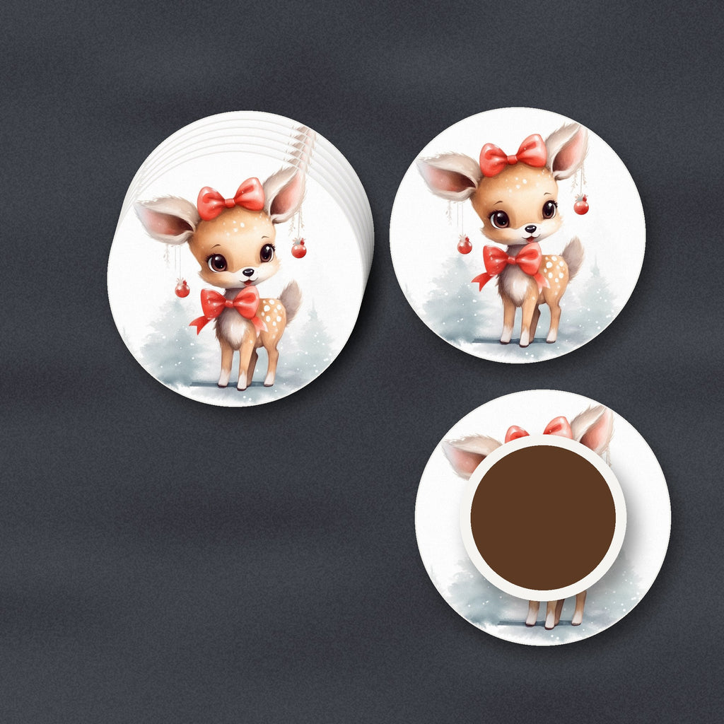 Christmas Fawn ceramic coasters, matte finish, stacked on a slate kitchen worktop