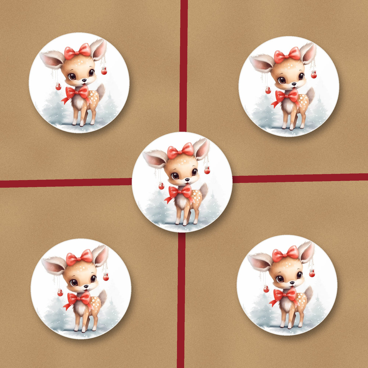 Christmas Fawn ceramic coasters, glossy finish, on kraft gift wrap