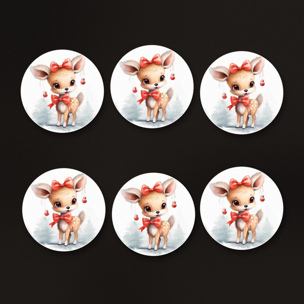 Christmas Fawn round ceramic coasters, matte finish, on a dark bar counter