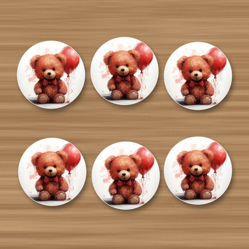 Teddy Bear with Balloon round ceramic coasters, set of 6, glossy finish, on an oak coffee table