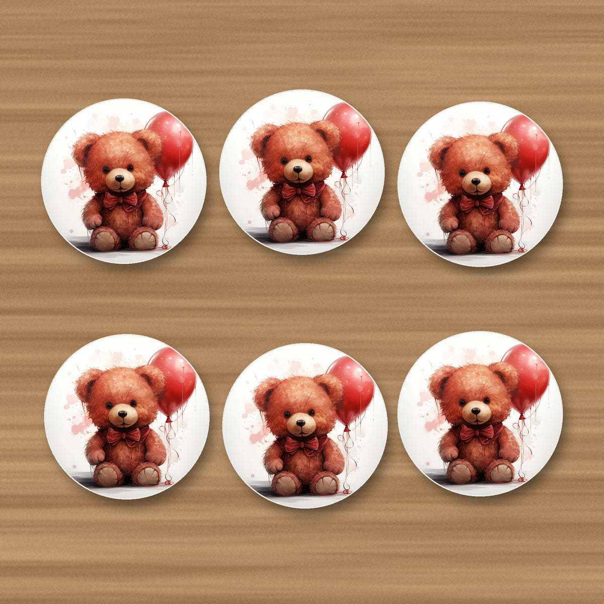 Teddy Bear with Balloon round ceramic coasters, set of 6, glossy finish, on an oak coffee table