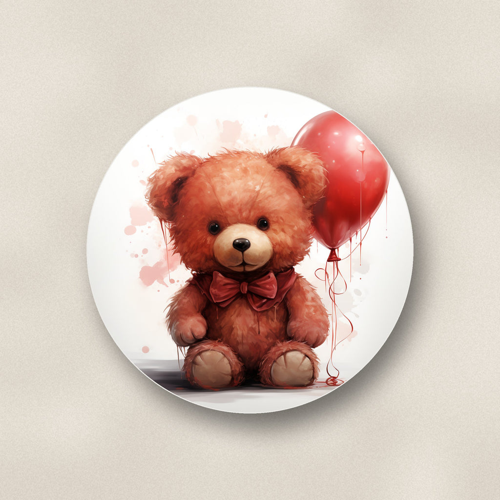 Close-up of one teddy bear with balloon ceramic coaster, glossy finish, flat UV print