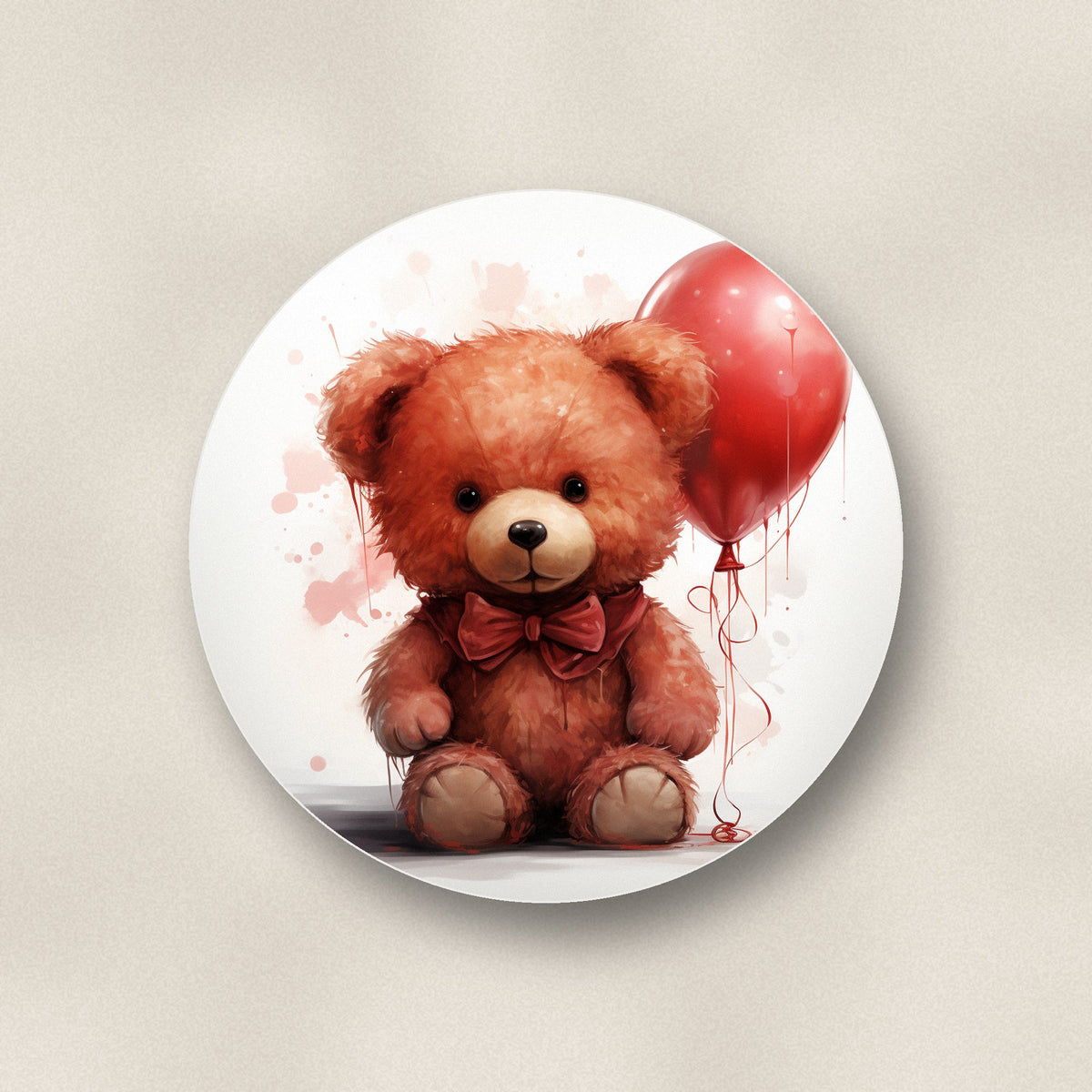 Close-up of one teddy bear with balloon ceramic coaster, matte finish, flat UV print