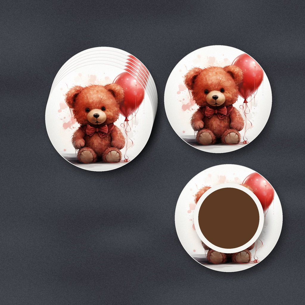 Teddy Bear with Balloon ceramic coasters, matte finish, stacked on a slate kitchen worktop