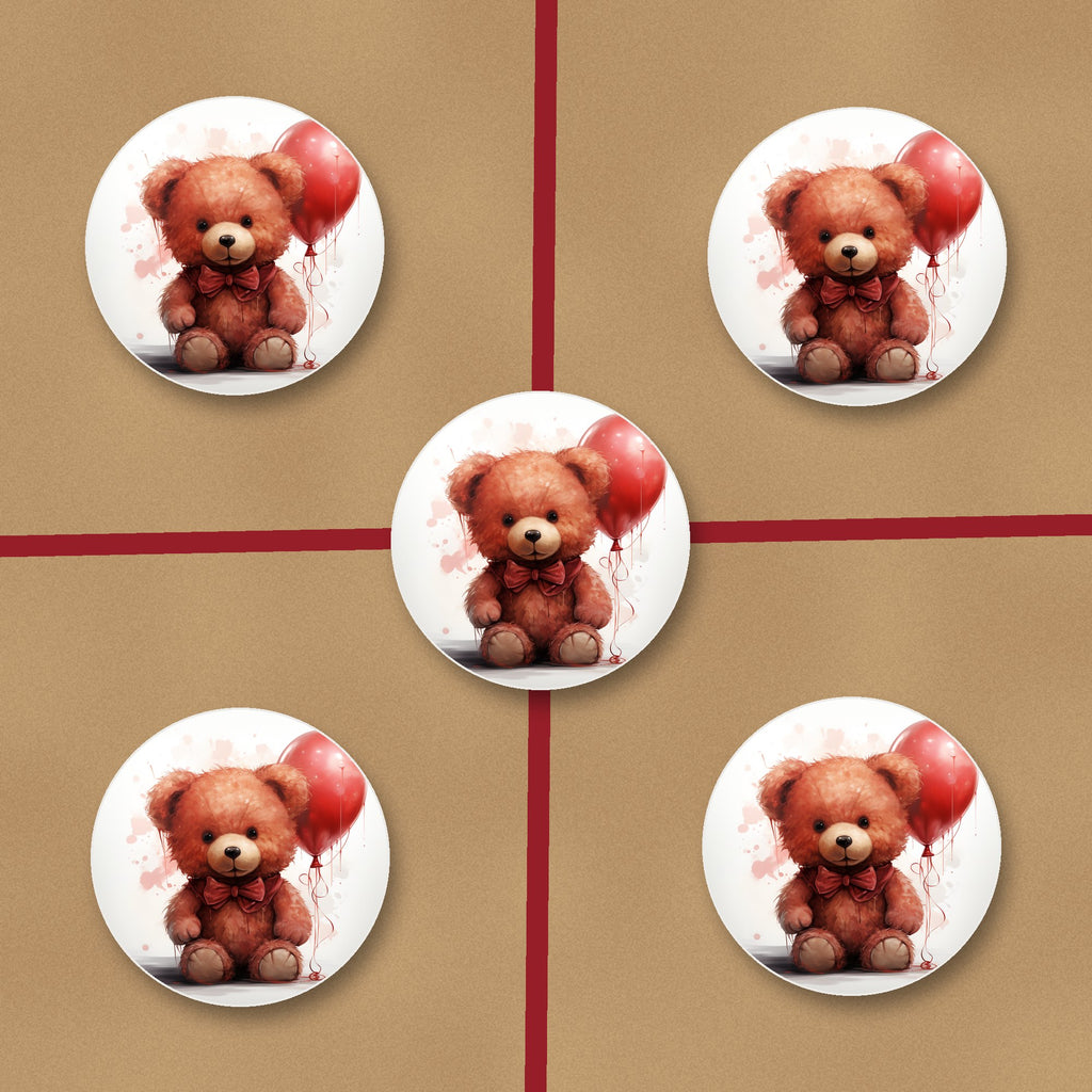 Teddy Bear with Balloon ceramic coasters, glossy finish, on kraft gift wrap