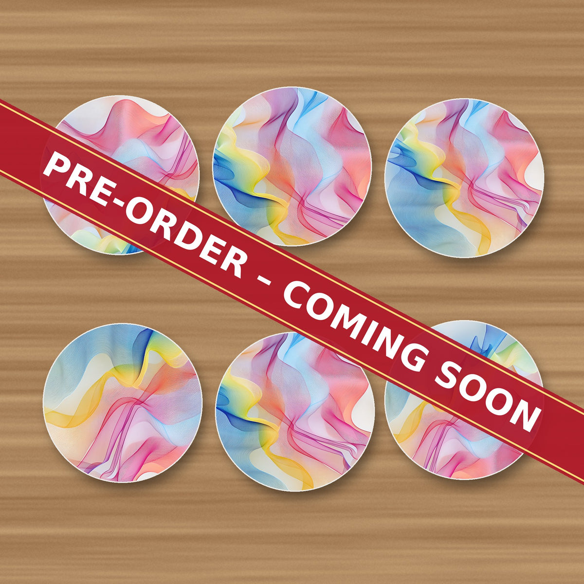 Pastel Aurora Waves round ceramic coaster set of 6, UV printed, pre-order coming soon