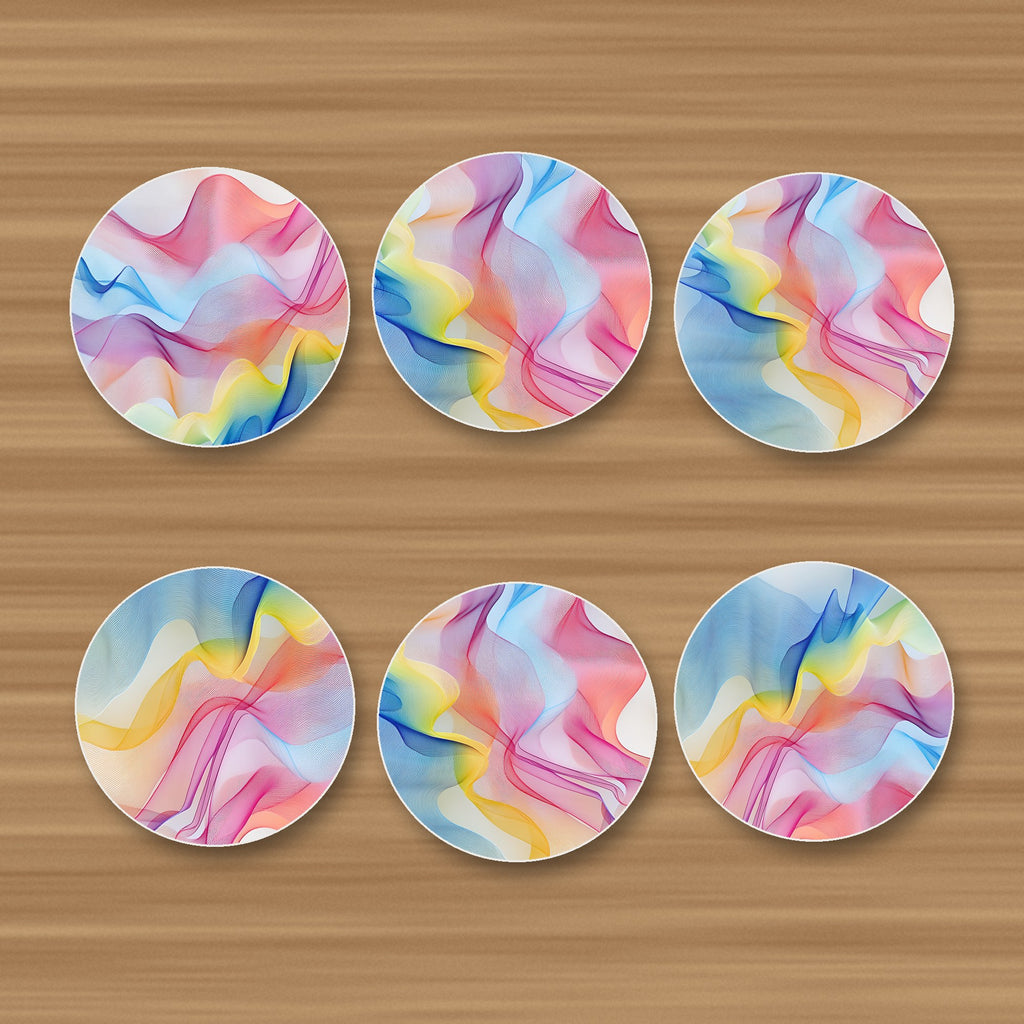 Pastel Aurora Waves round ceramic coasters, set of 6, glossy finish, on an oak coffee table