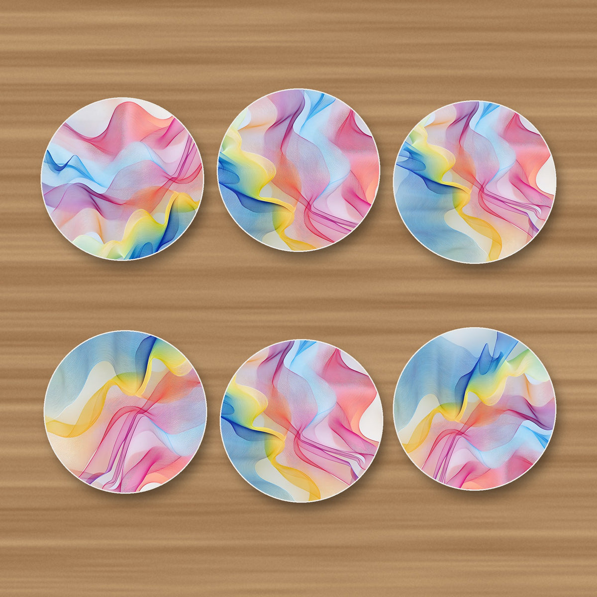 Pastel Aurora Waves round ceramic coasters, set of 6, glossy finish, on an oak coffee table