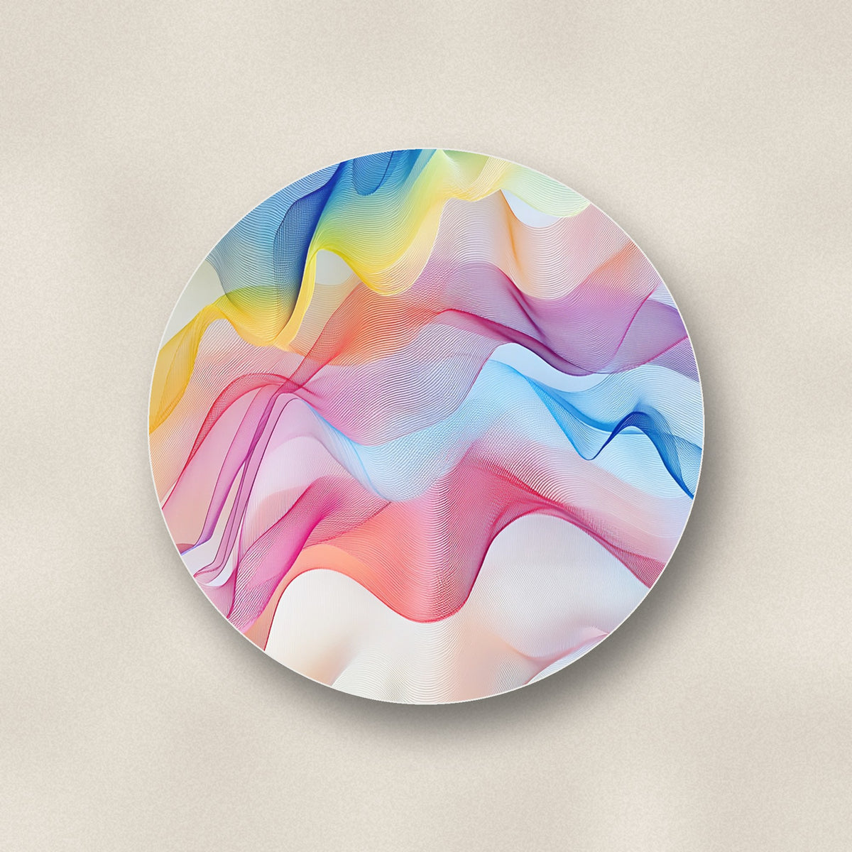 Close-up of one pastel aurora waves ceramic coaster, glossy finish, flat UV print