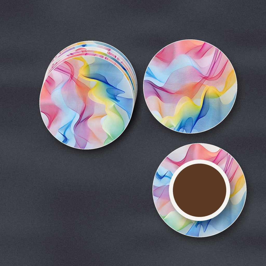 Pastel Aurora Waves ceramic coasters, matte finish, stacked on a slate kitchen worktop