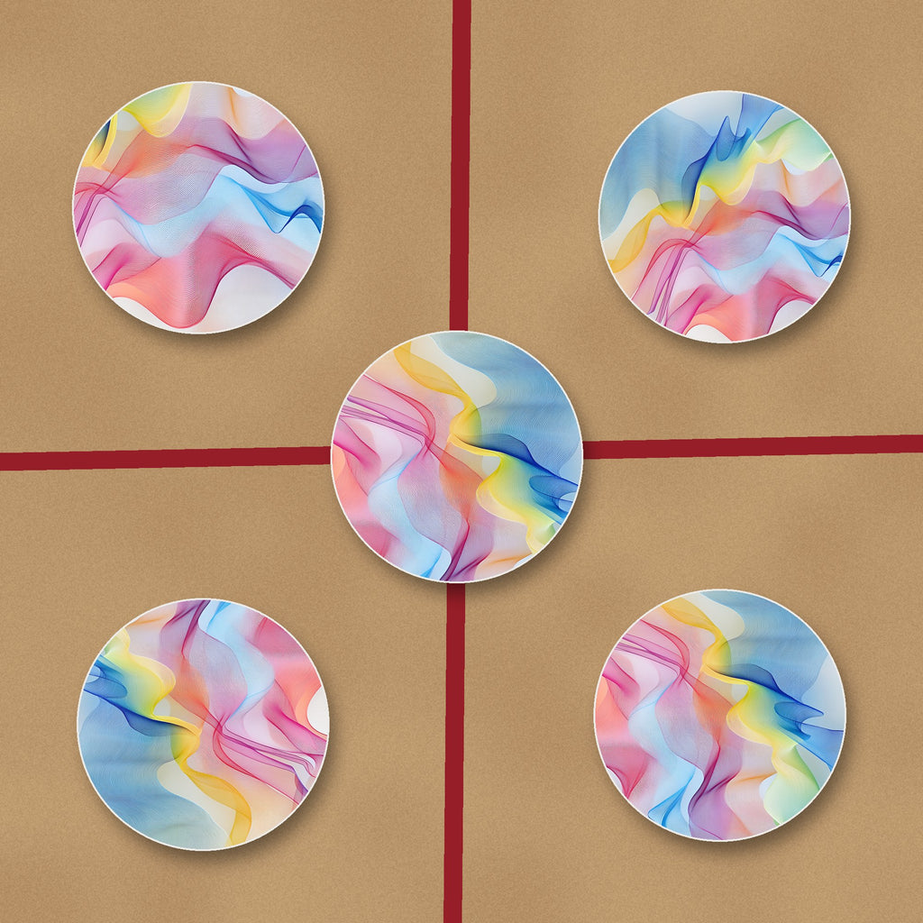 Pastel Aurora Waves ceramic coasters, glossy finish, on kraft gift wrap