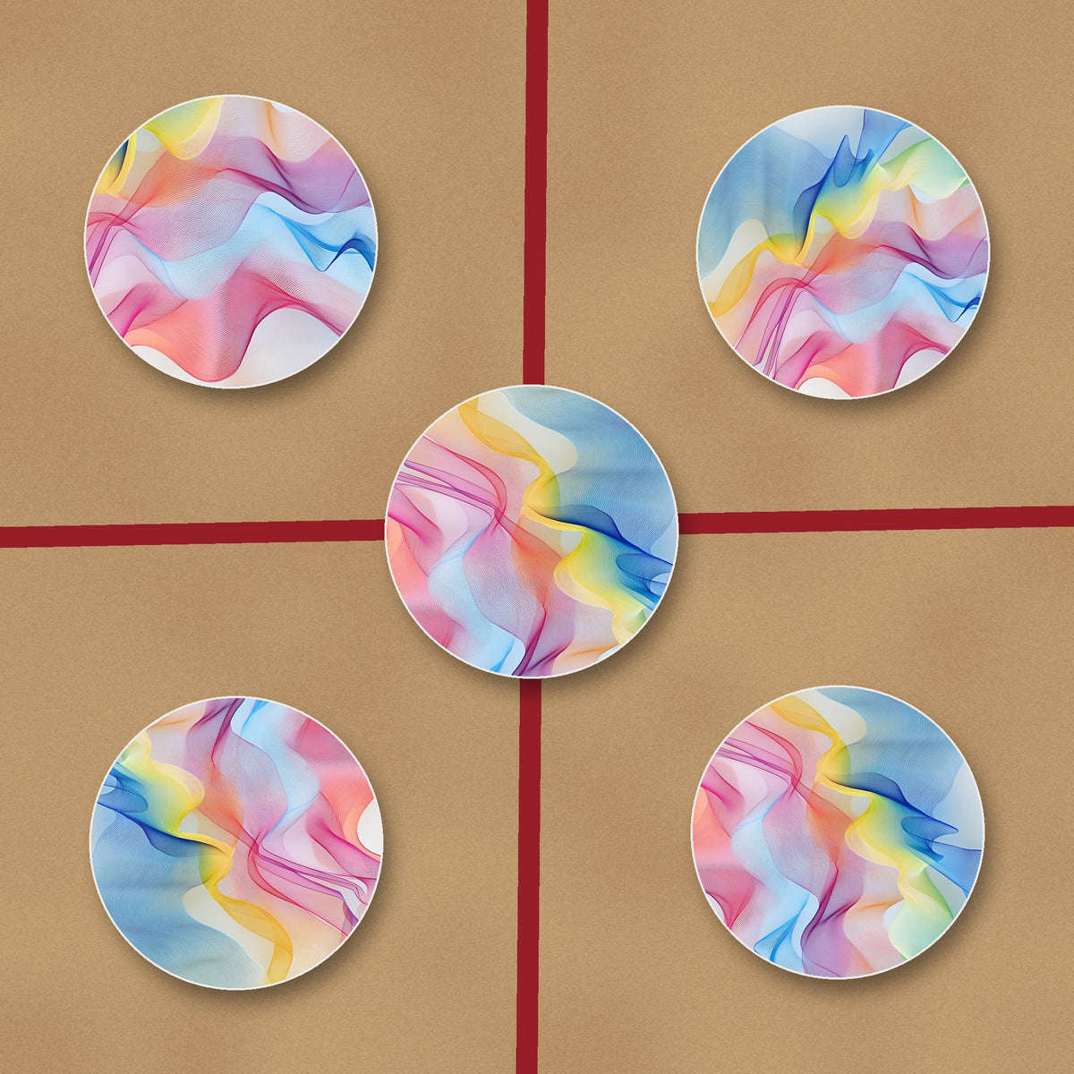 Pastel Aurora Waves ceramic coasters, glossy finish, on kraft gift wrap