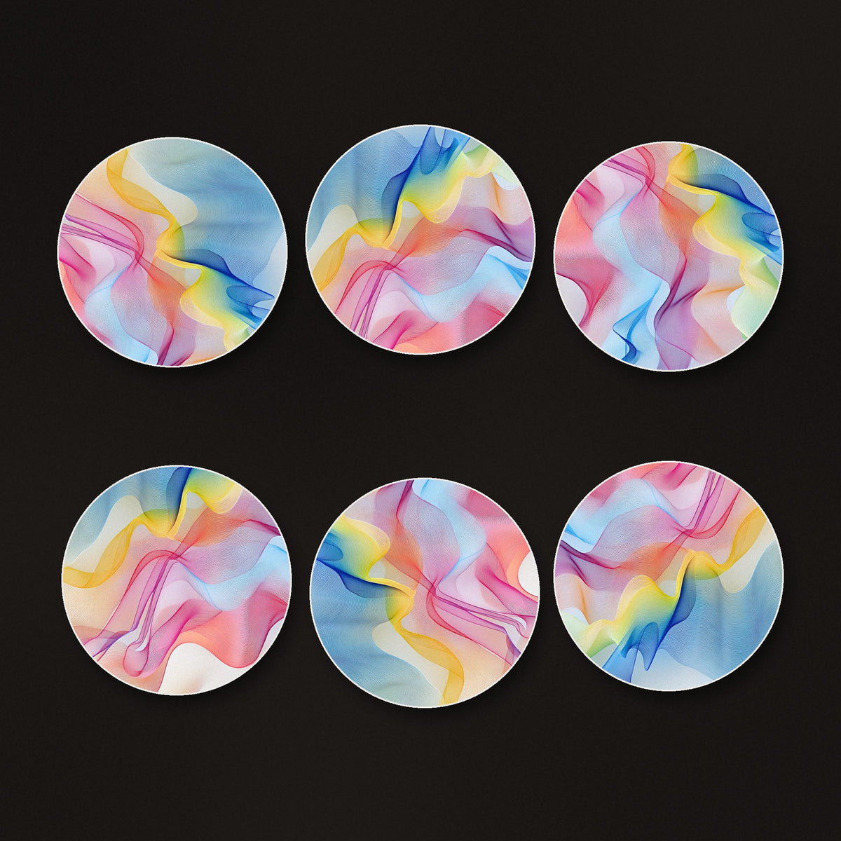 Pastel Aurora Waves round ceramic coasters, matte finish, on a dark bar counter