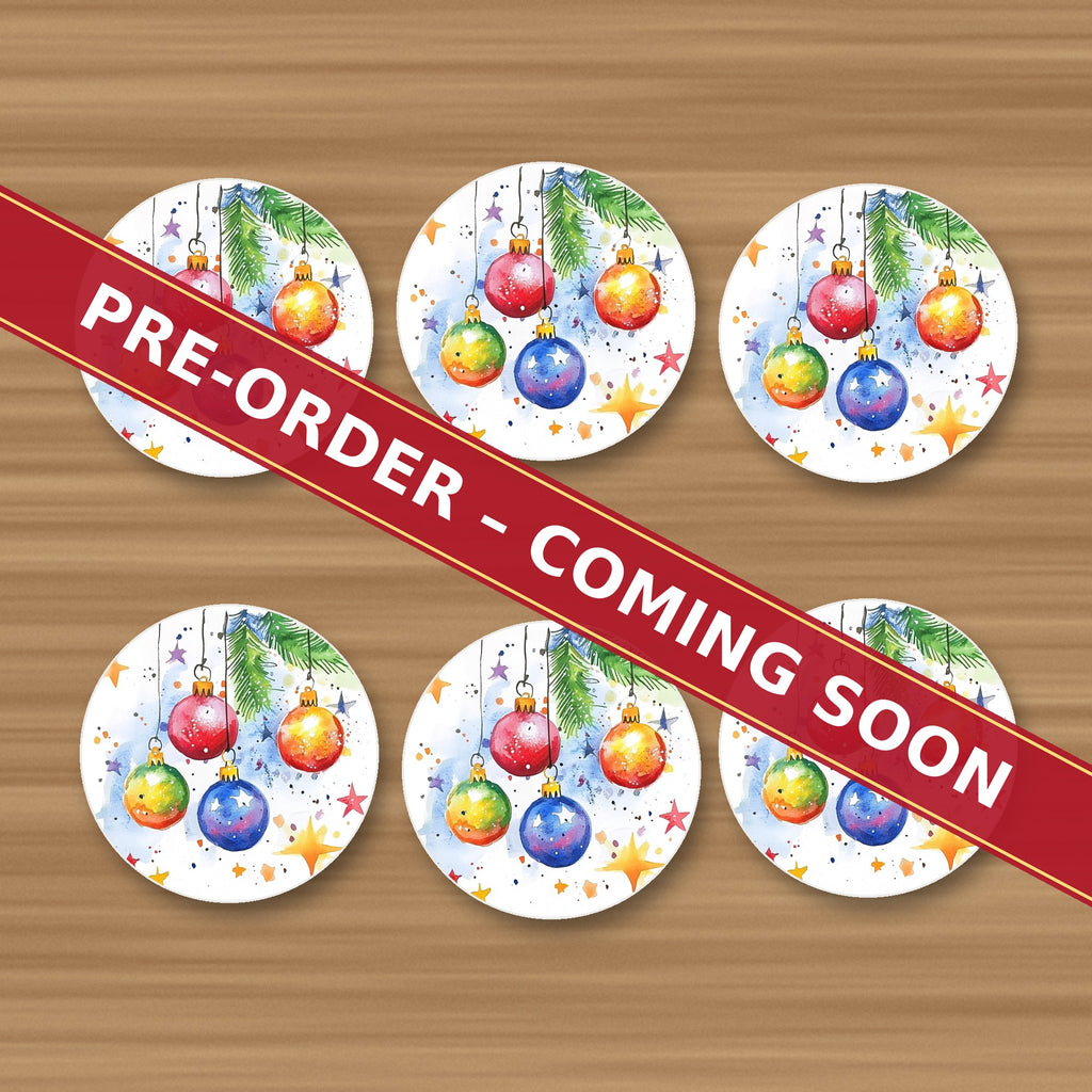 Watercolour Christmas Baubles round ceramic coaster set of 6, UV printed, pre-order coming soon