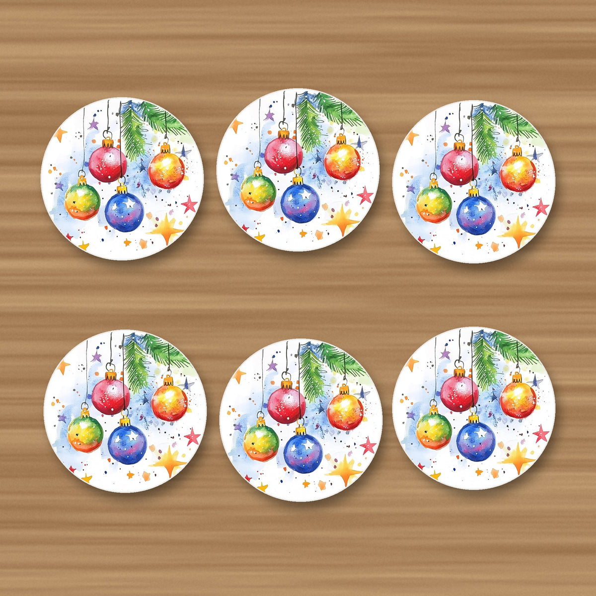 Watercolour Christmas Baubles round ceramic coasters, set of 6, glossy finish, on an oak coffee table