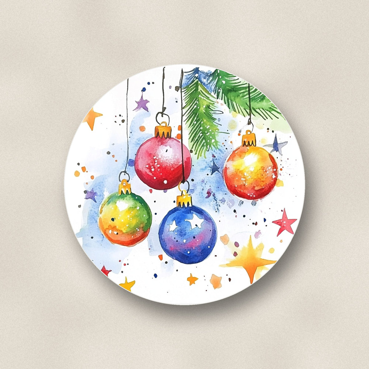 Close-up of one watercolour christmas baubles ceramic coaster, glossy finish, flat UV print