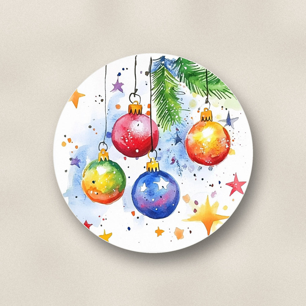 Close-up of one watercolour christmas baubles ceramic coaster, matte finish, flat UV print