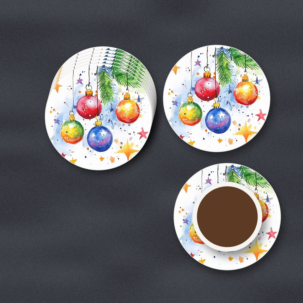 Watercolour Christmas Baubles ceramic coasters, matte finish, stacked on a slate kitchen worktop
