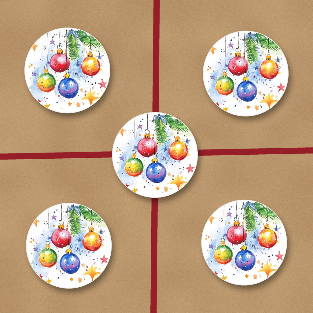 Watercolour Christmas Baubles ceramic coasters, glossy finish, on kraft gift wrap