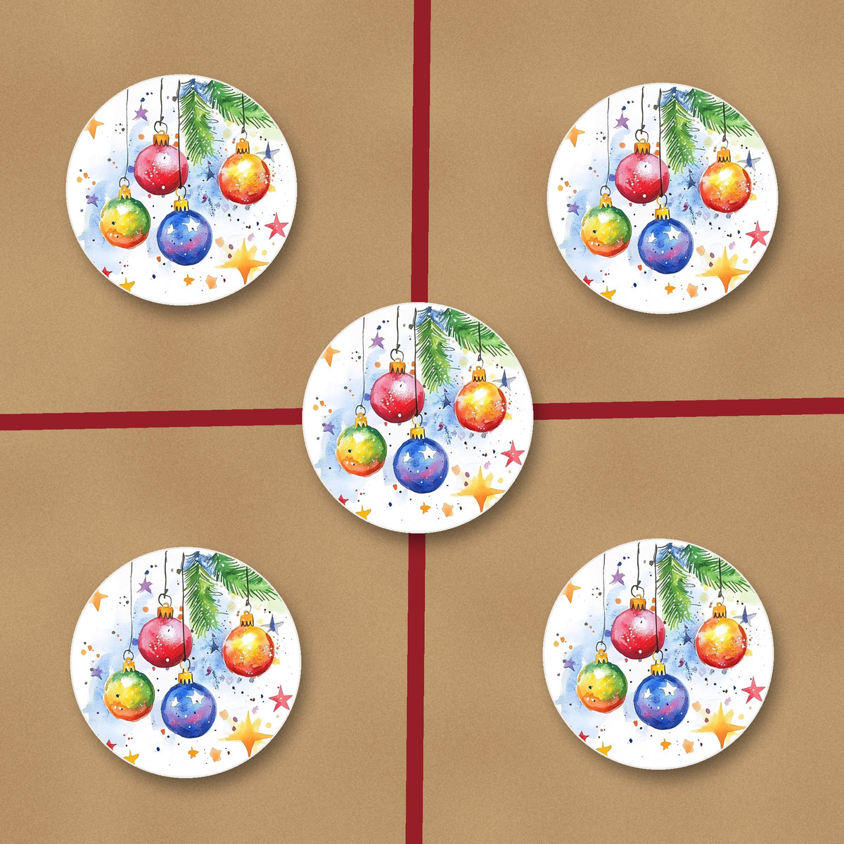 Watercolour Christmas Baubles ceramic coasters, glossy finish, on kraft gift wrap