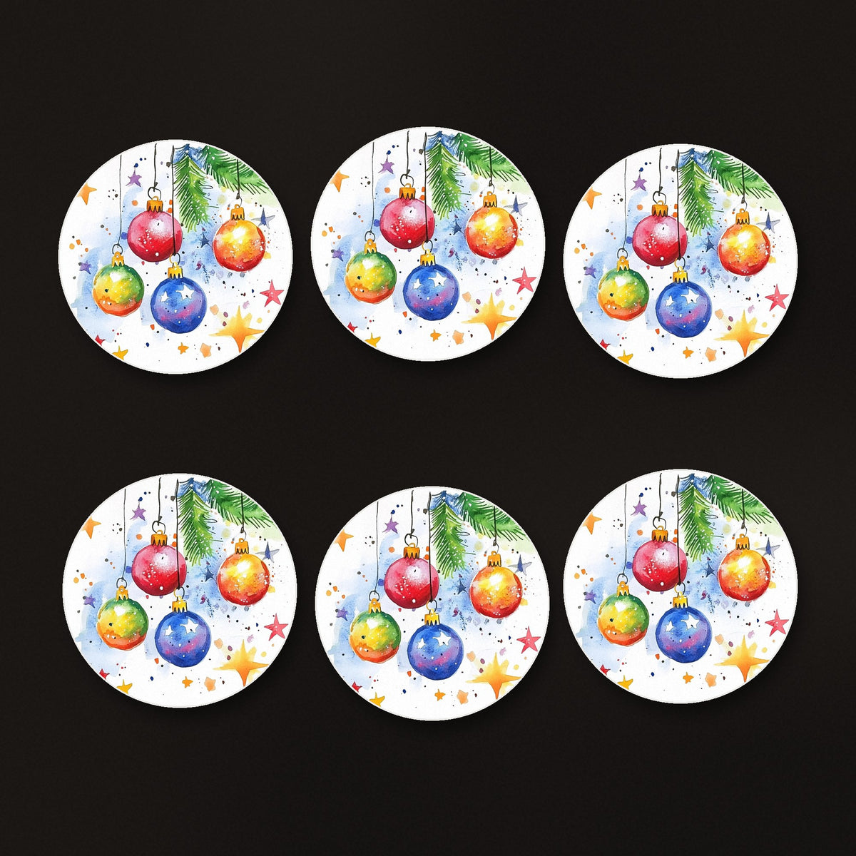 Watercolour Christmas Baubles round ceramic coasters, matte finish, on a dark bar counter