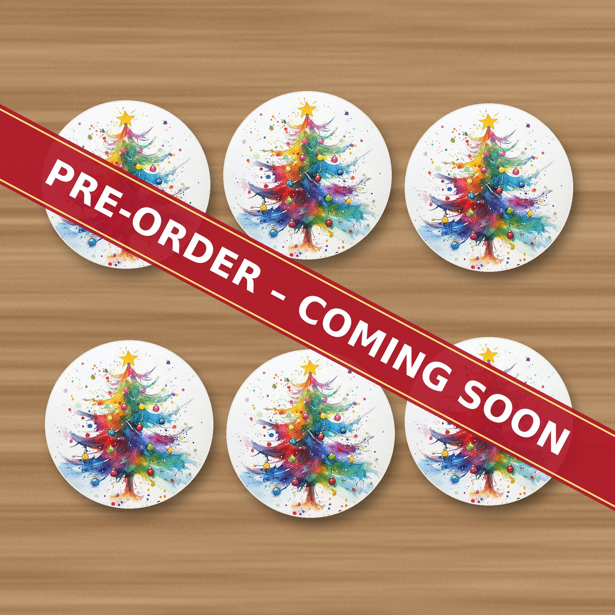 Rainbow Christmas Tree round ceramic coaster set of 6, UV printed, pre-order coming soon