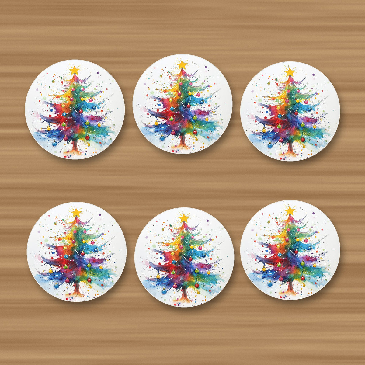 Rainbow Christmas Tree round ceramic coasters, set of 6, glossy finish, on an oak coffee table
