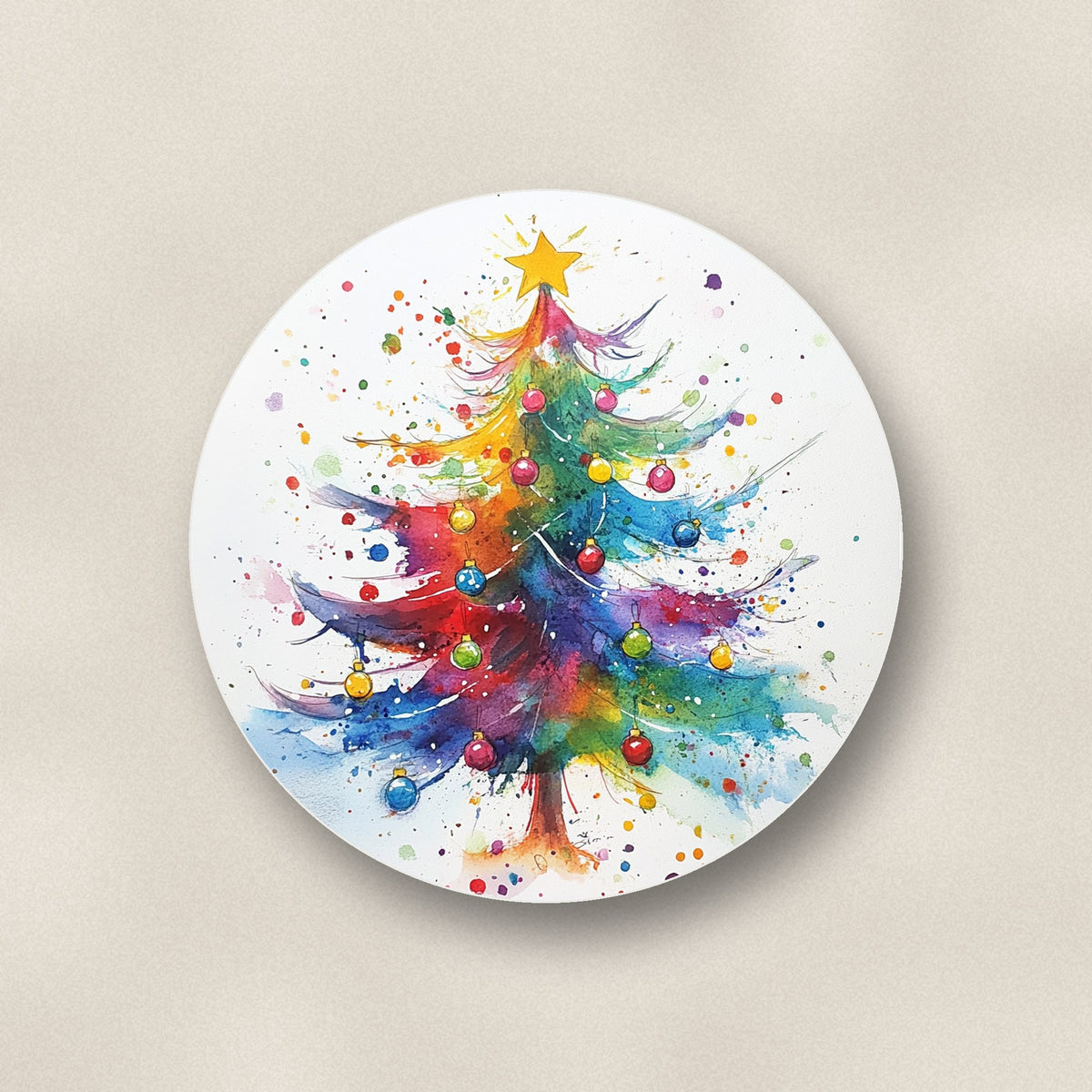 Close-up of one rainbow christmas tree ceramic coaster, glossy finish, flat UV print