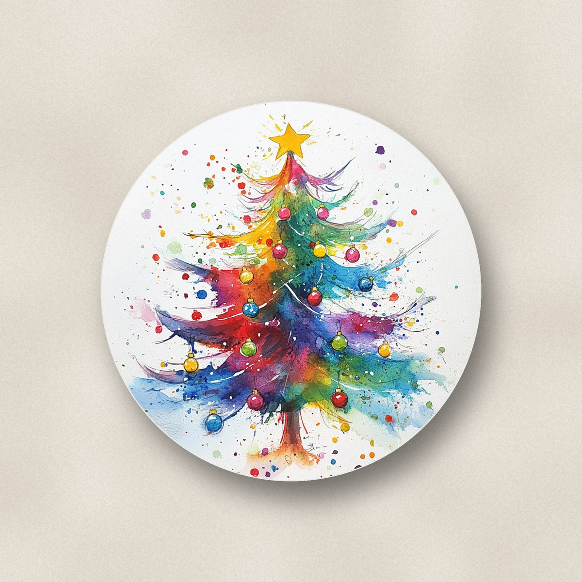 Close-up of one rainbow christmas tree ceramic coaster, matte finish, flat UV print