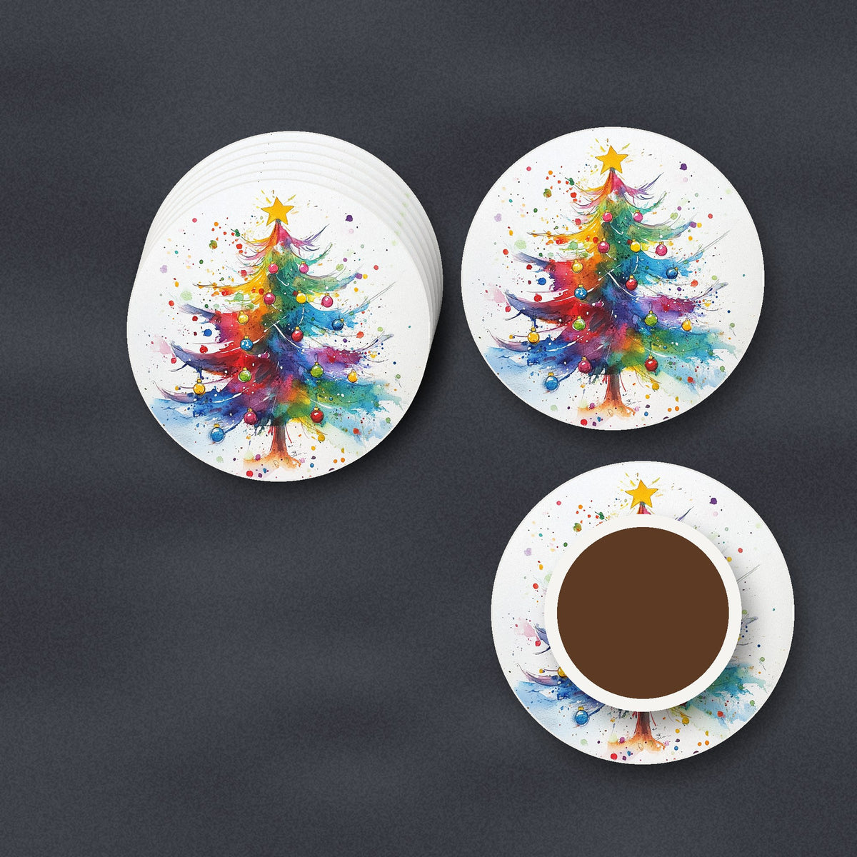 Rainbow Christmas Tree ceramic coasters, matte finish, stacked on a slate kitchen worktop
