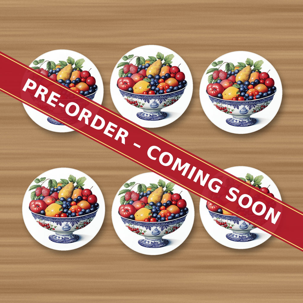 Delft Fruit Bowl round ceramic coaster set of 6, UV printed, pre-order coming soon
