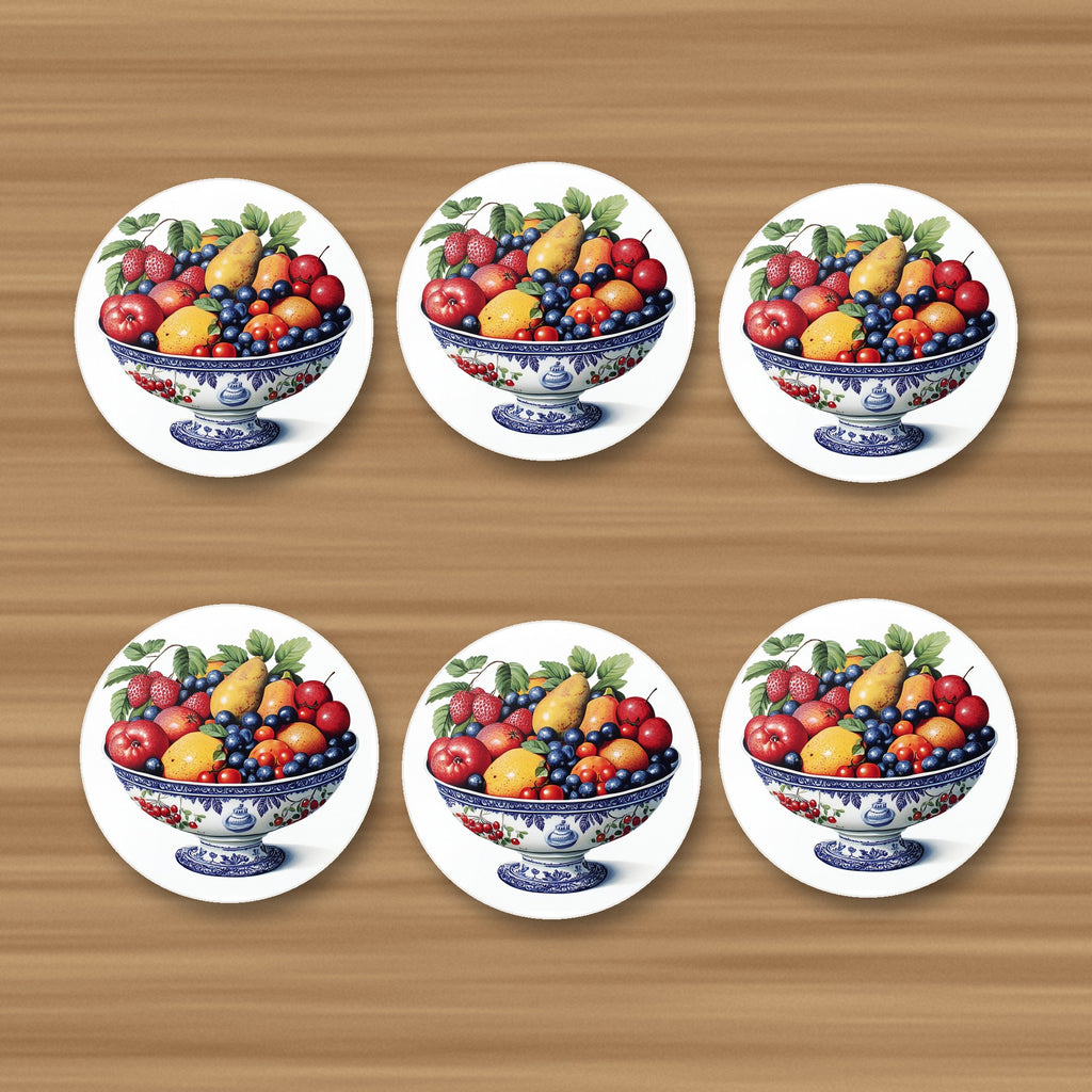 Delft Fruit Bowl round ceramic coasters, set of 6, glossy finish, on an oak coffee table