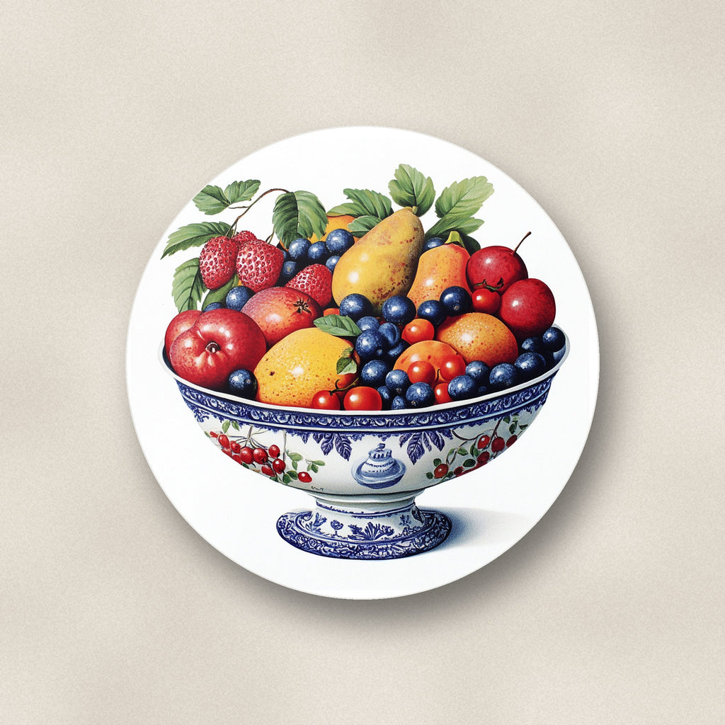 Close-up of one delft fruit bowl ceramic coaster, glossy finish, flat UV print