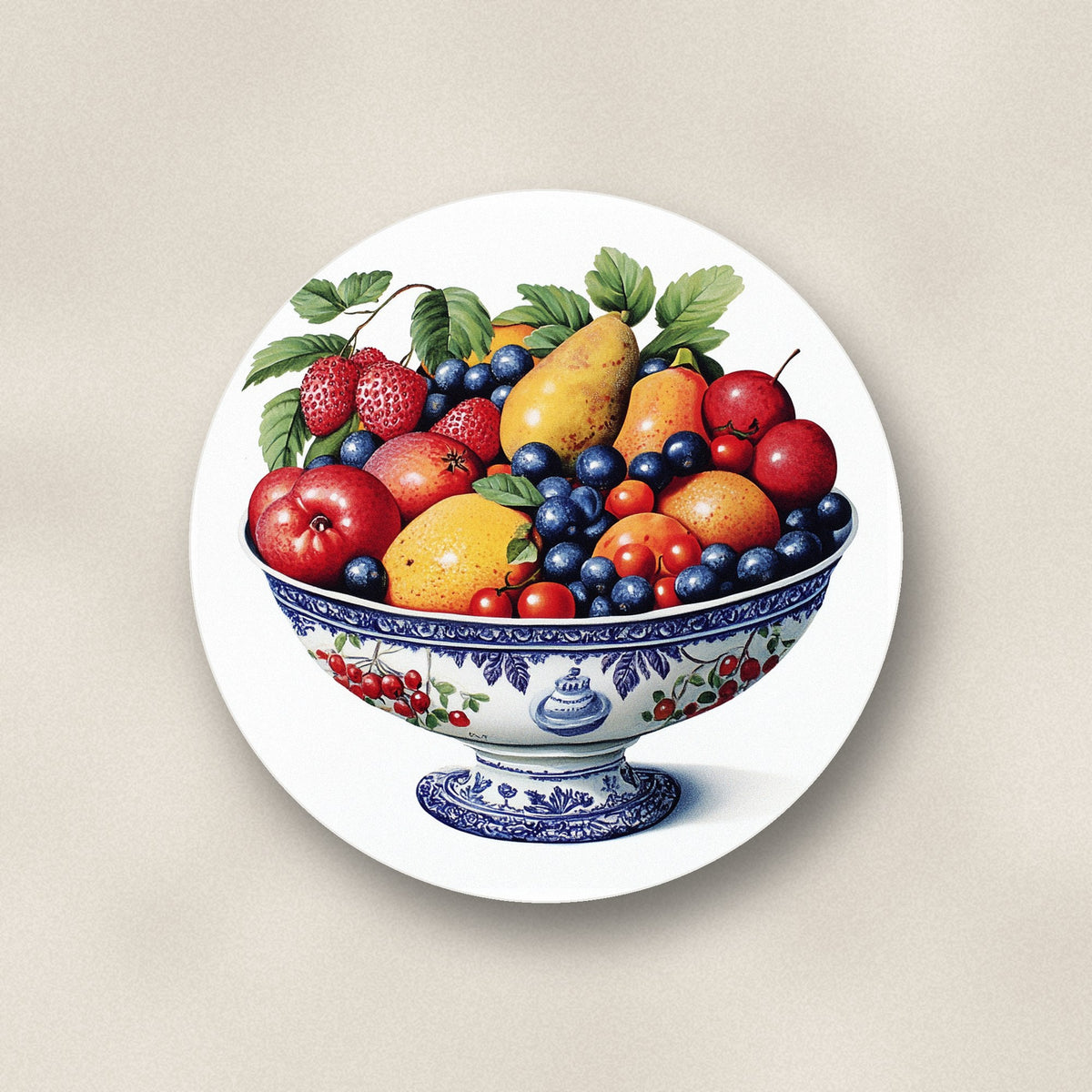 Close-up of one delft fruit bowl ceramic coaster, matte finish, flat UV print
