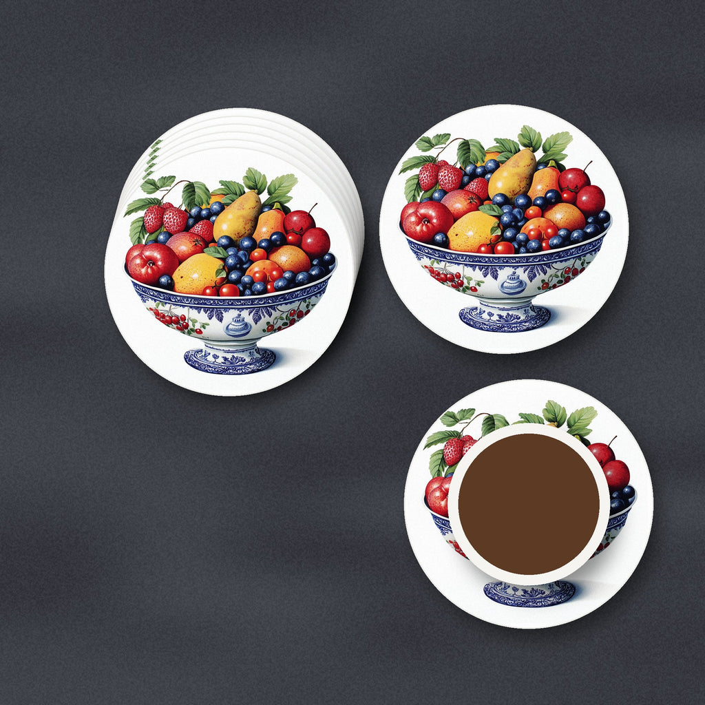 Delft Fruit Bowl ceramic coasters, matte finish, stacked on a slate kitchen worktop