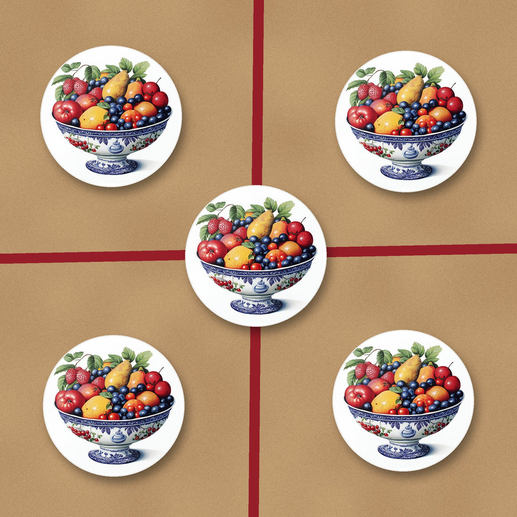 Delft Fruit Bowl ceramic coasters, glossy finish, on kraft gift wrap