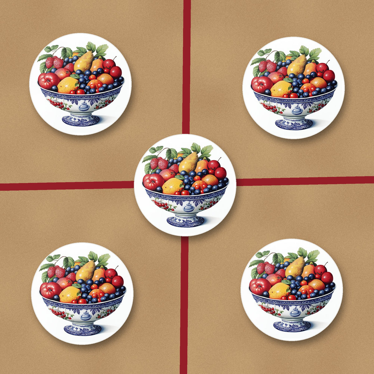 Delft Fruit Bowl ceramic coasters, glossy finish, on kraft gift wrap