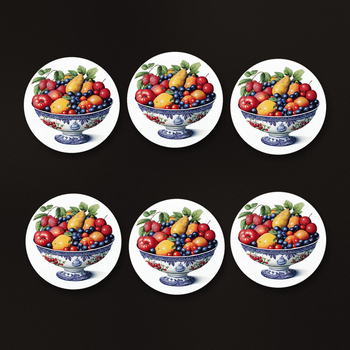 Delft Fruit Bowl round ceramic coasters, matte finish, on a dark bar counter