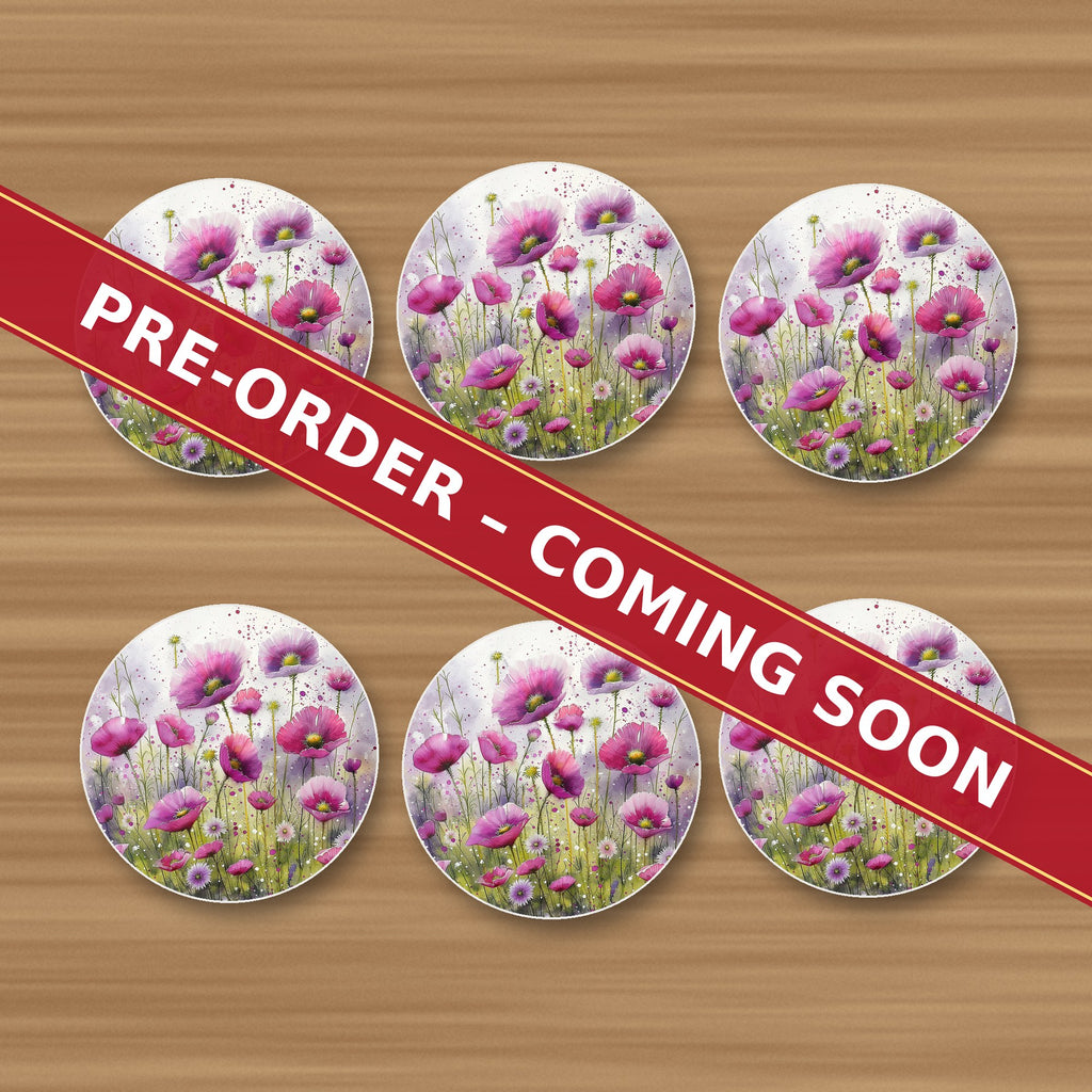 Pink Cosmos Meadow round ceramic coaster set of 6, UV printed, pre-order coming soon
