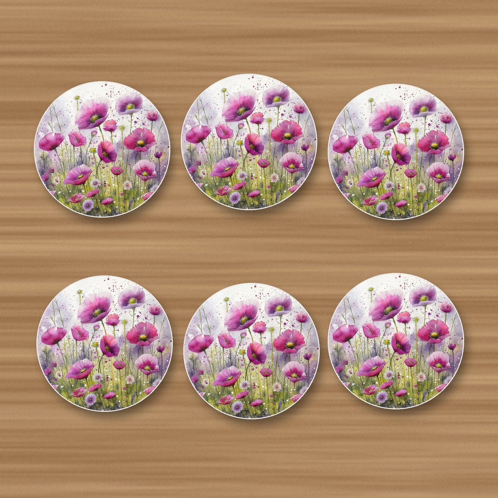 Pink Cosmos Meadow round ceramic coasters, set of 6, glossy finish, on an oak coffee table