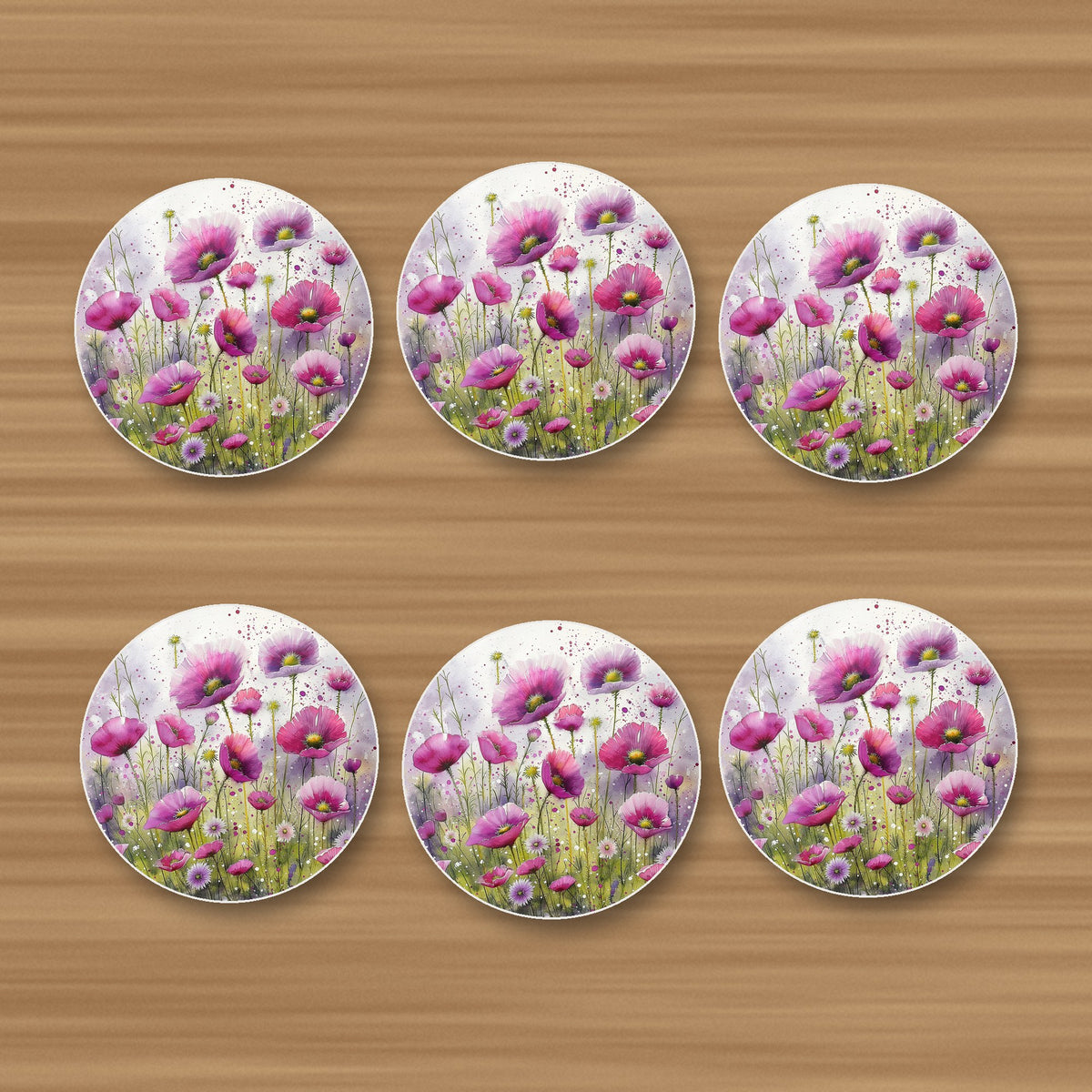 Pink Cosmos Meadow round ceramic coasters, set of 6, glossy finish, on an oak coffee table