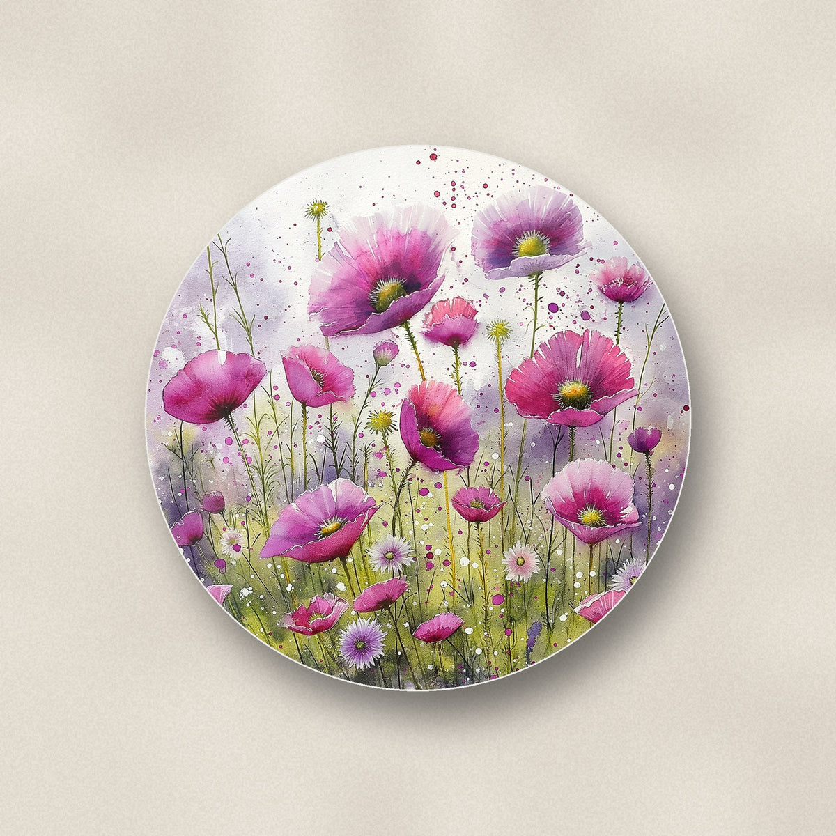 Close-up of one pink cosmos meadow ceramic coaster, glossy finish, flat UV print
