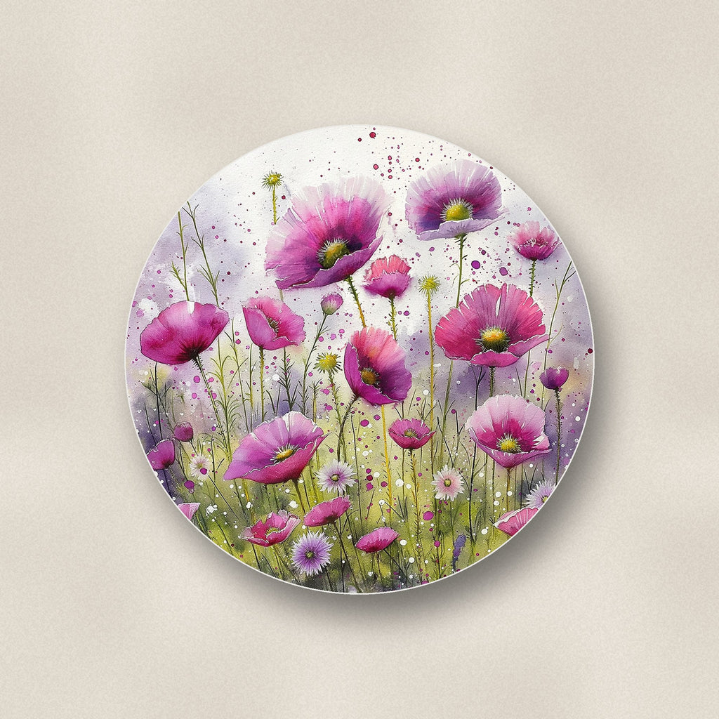 Close-up of one pink cosmos meadow ceramic coaster, matte finish, flat UV print