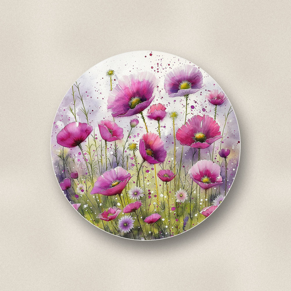 Close-up of one pink cosmos meadow ceramic coaster, matte finish, flat UV print