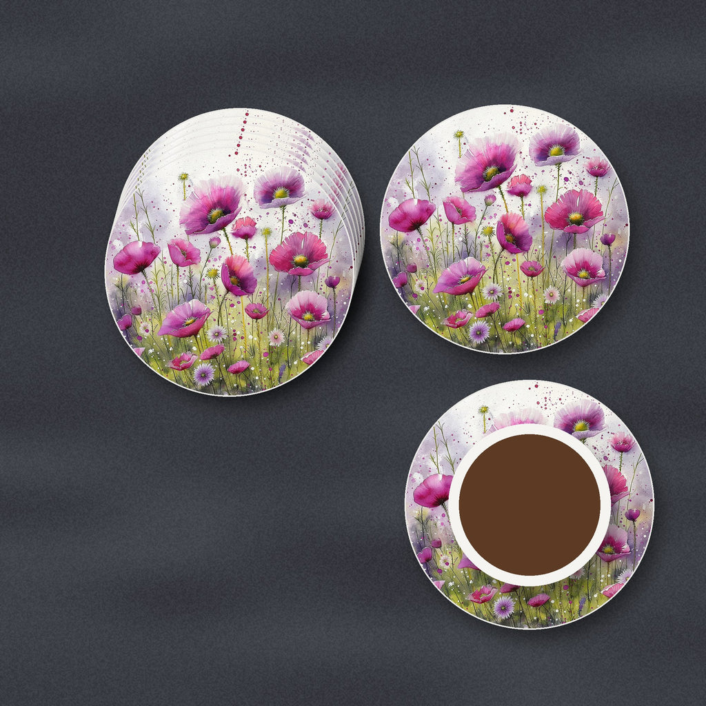 Pink Cosmos Meadow ceramic coasters, matte finish, stacked on a slate kitchen worktop