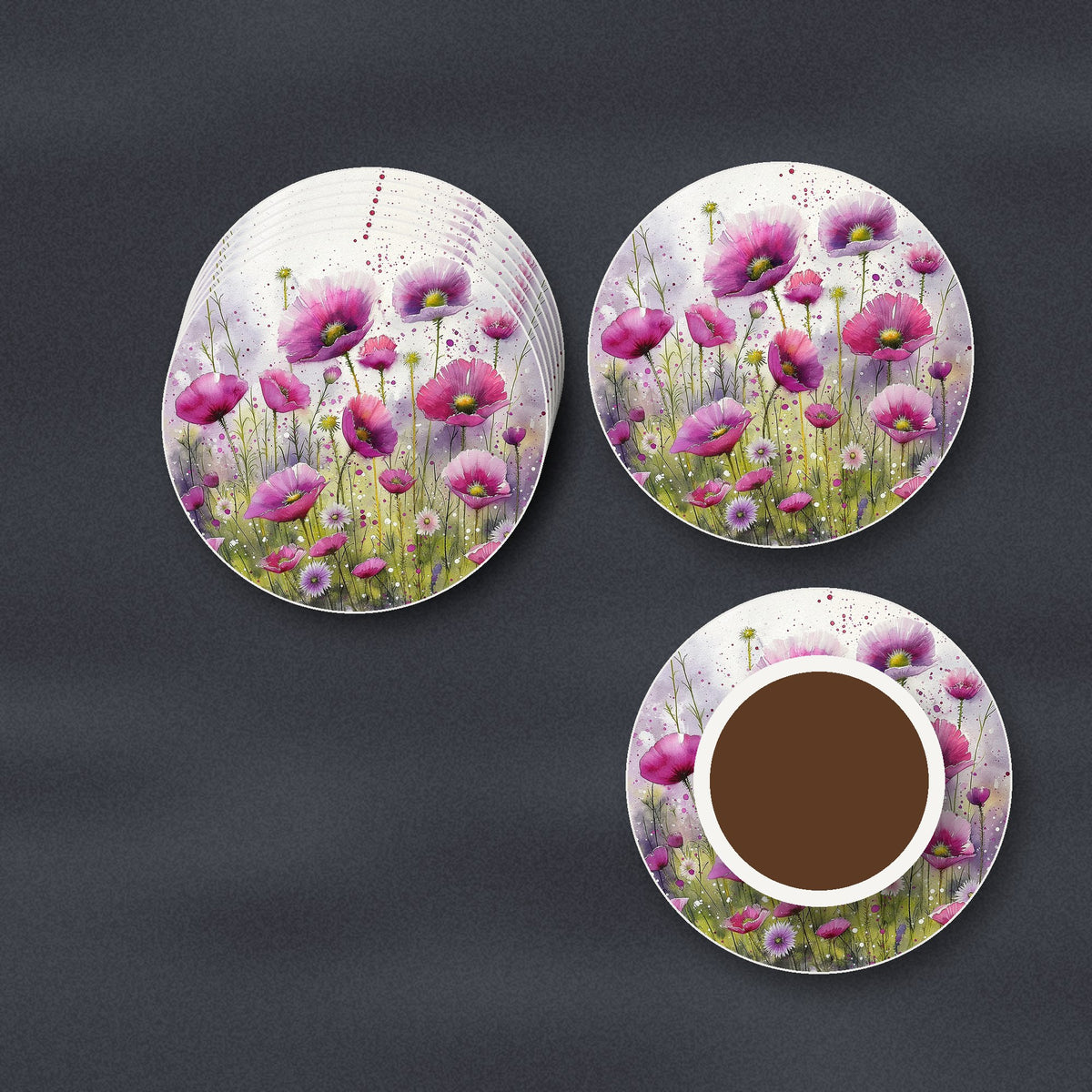 Pink Cosmos Meadow ceramic coasters, matte finish, stacked on a slate kitchen worktop